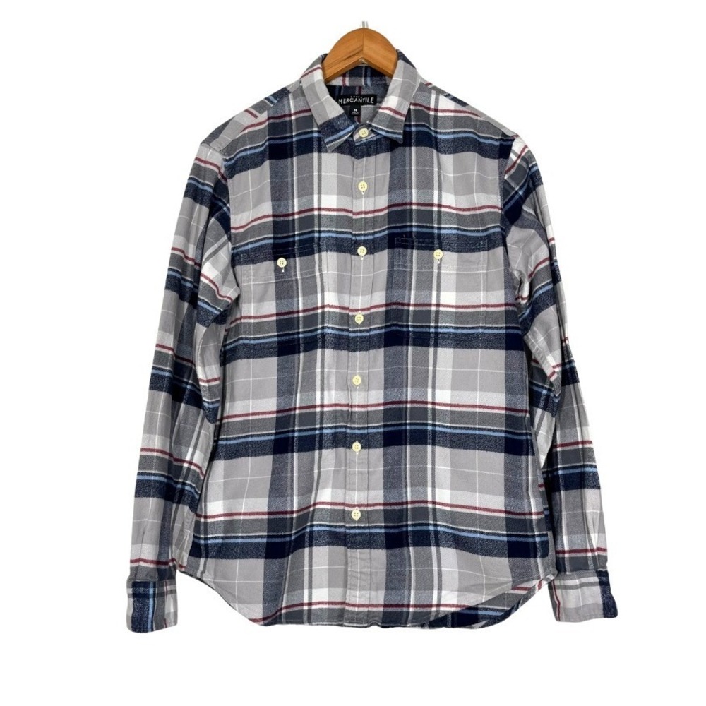 J.Crew Mercantile Men's Grey Navy Plaid Flannel Button Down Shirt Sz M